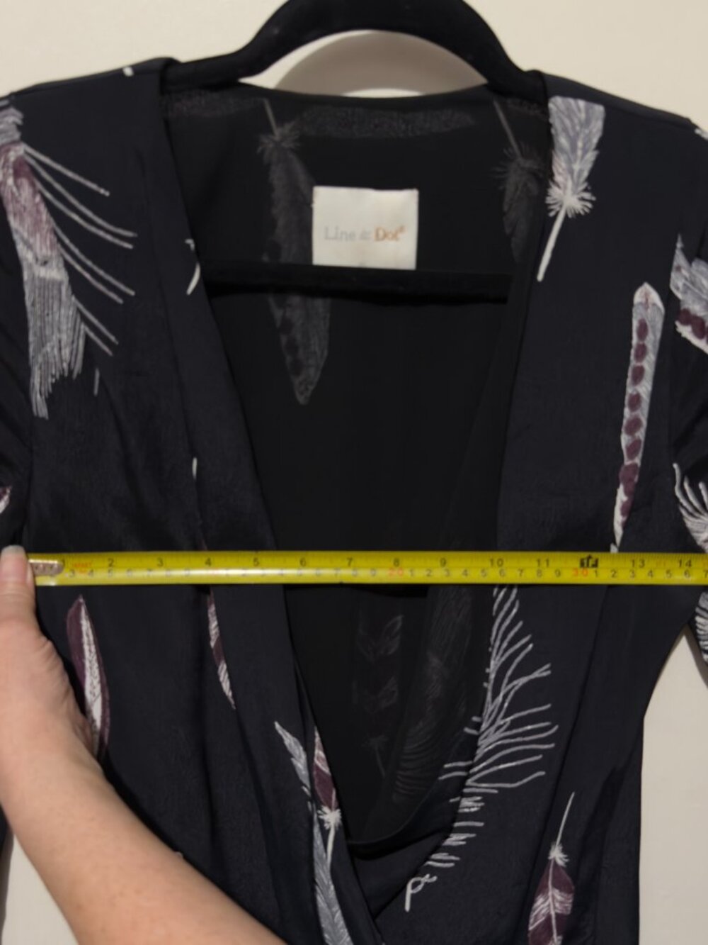 Line & Dot Black Feather Print Surplice Faux Wrap Mini Dress V-Neck - Picture 8 of 16